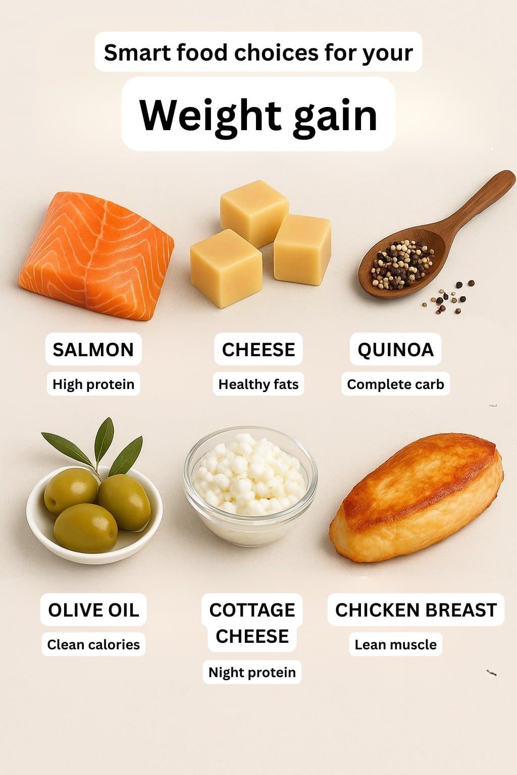 Smart food choices for your
Weight gain

SALMON
High protein
CHEESE
Healthy fats…