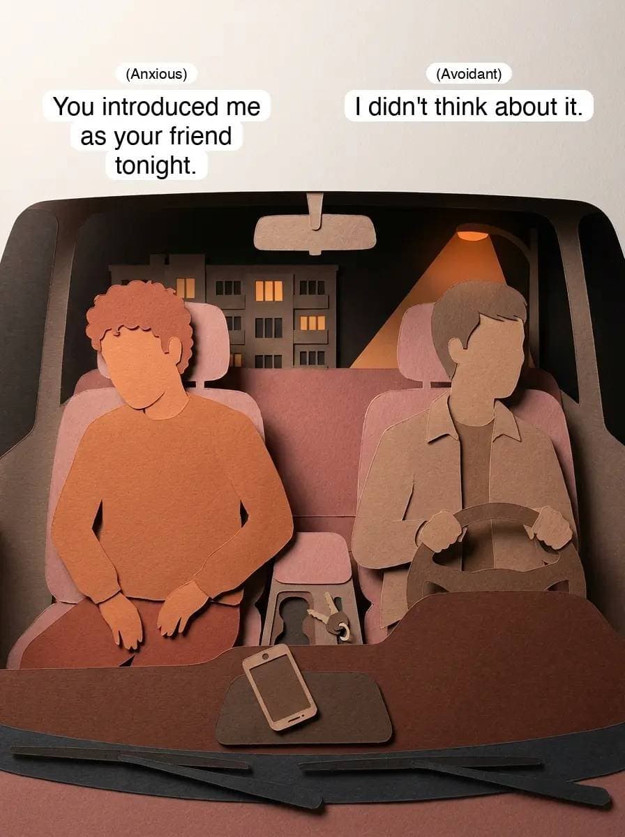 (Anxious)
You introduced me
as your friend
tonight.

(Avoidant)
I didn't think a…