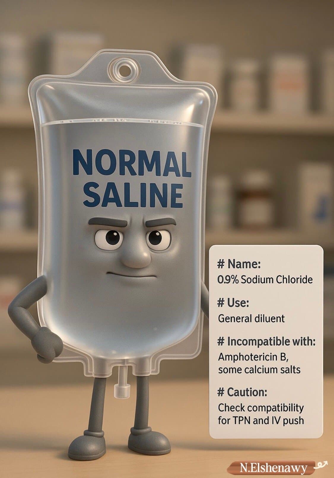 # Name:
0.9% Sodium Chloride
# Use:
General diluent
# Incompatible with: Amphote…