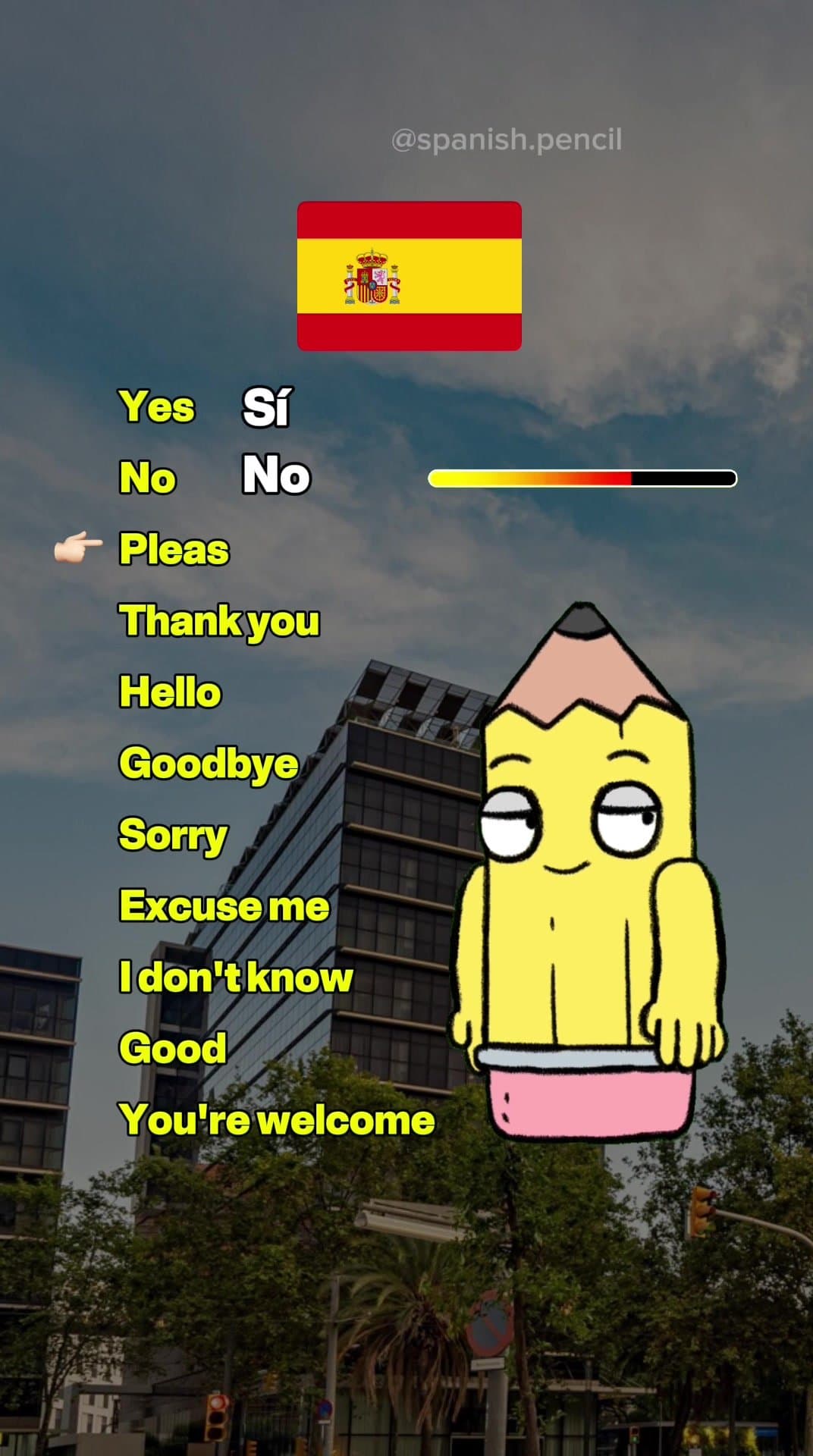 Yes  Sí
No  No
Pleas  Por Favor
Thank you  Gracias
Hello  Hola
Goodbye  Adiós
So…