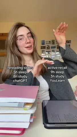 rereading slides active recall
5h sleep 9h sleep
8h study 3h study
chatGPT YouLe…