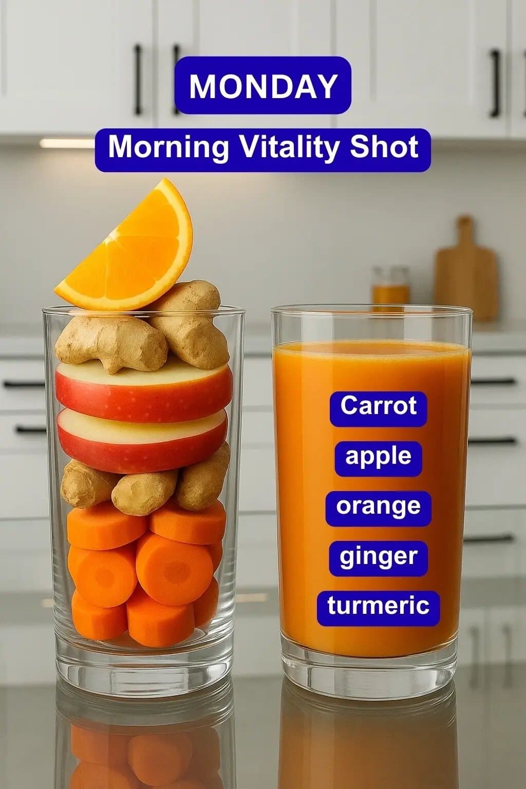 MONDAY
Morning Vitality Shot

Carrot
apple
orange
ginger
turmeric