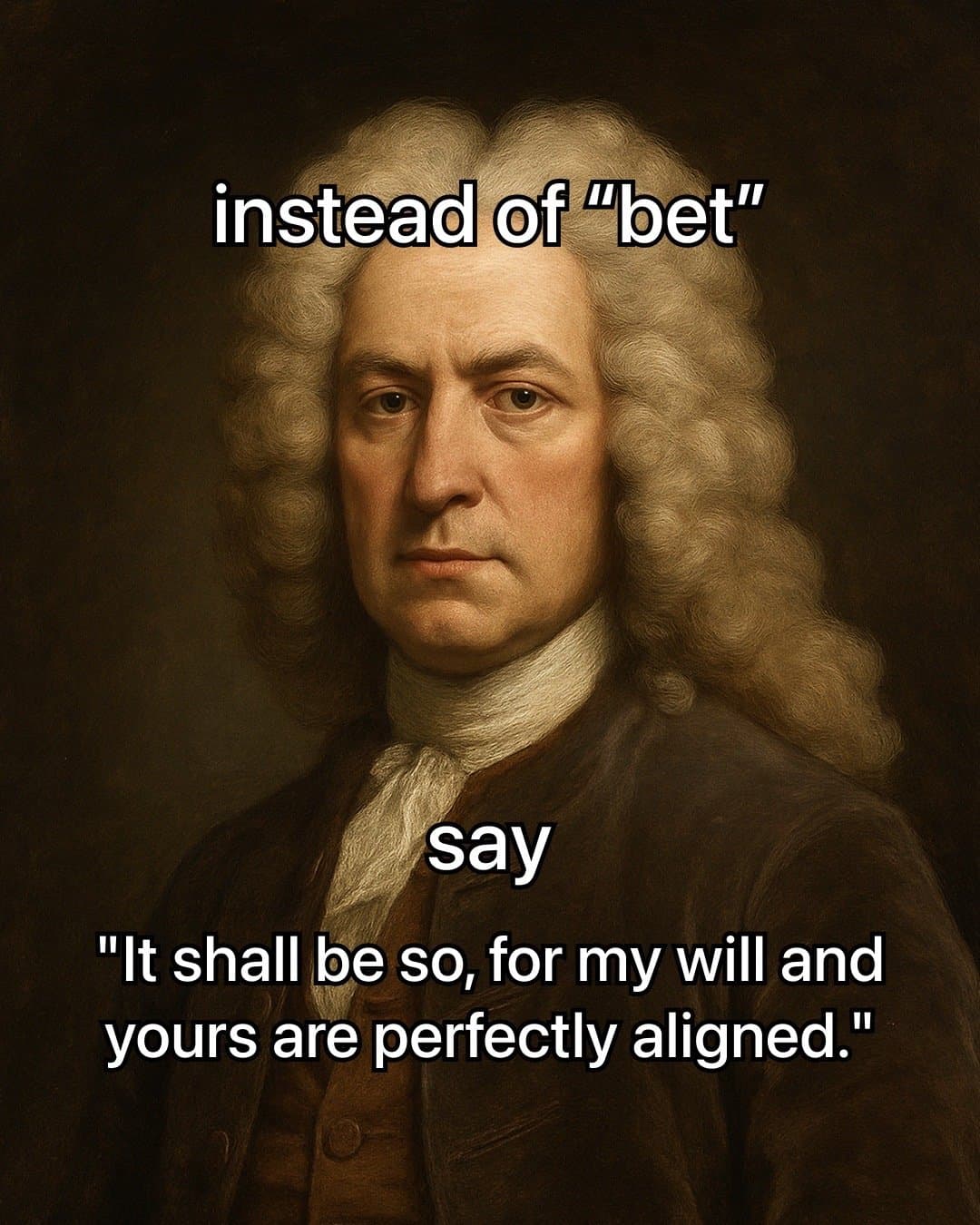 instead of "bet"

say

"It shall be so, for my will and
yours are perfectly alig…