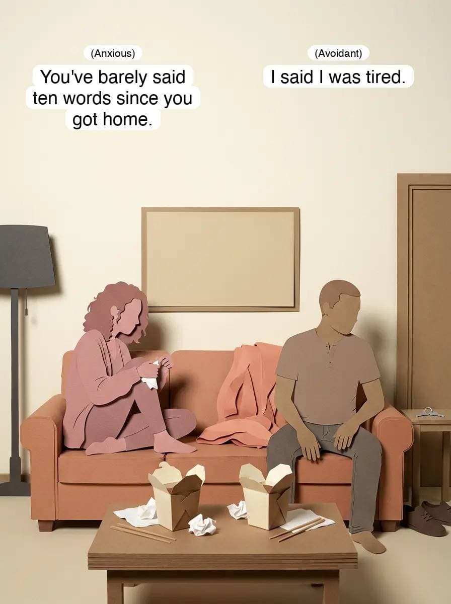 (Anxious)
You've barely said
ten words since you
got home.
(Avoidant)
I said I …