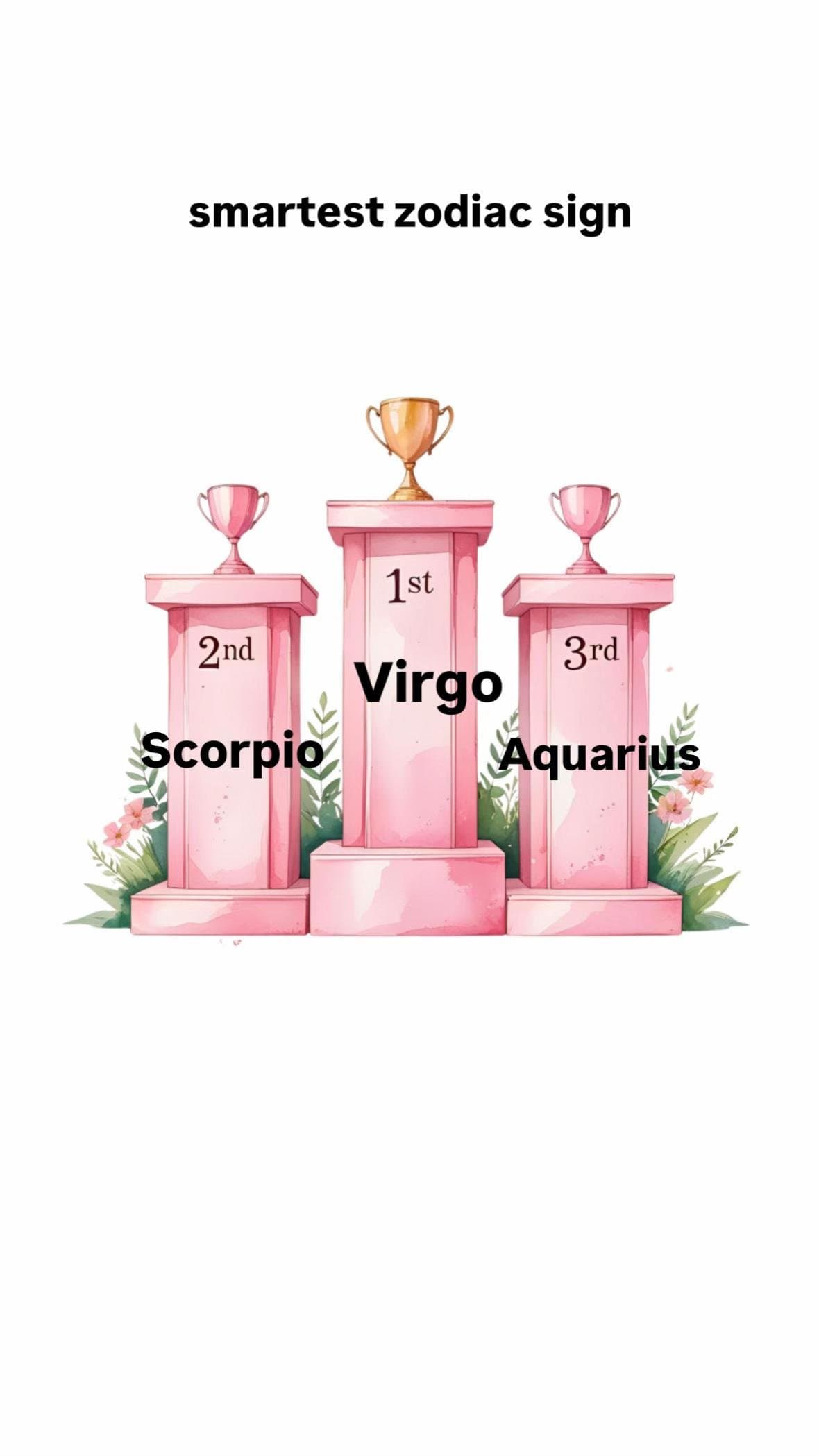 smartest zodiac sign
1st: Virgo
2nd: Scorpio
3rd: Aquarius