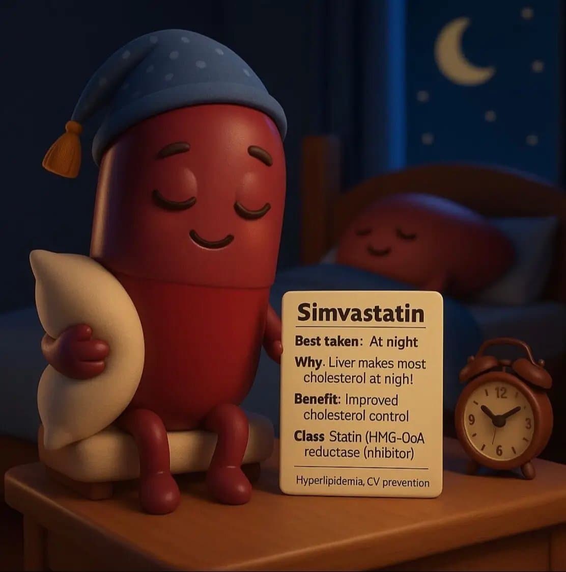 Simvastatin
Best taken: At night
Why. Liver makes most cholesterol at nigh!
Bene…