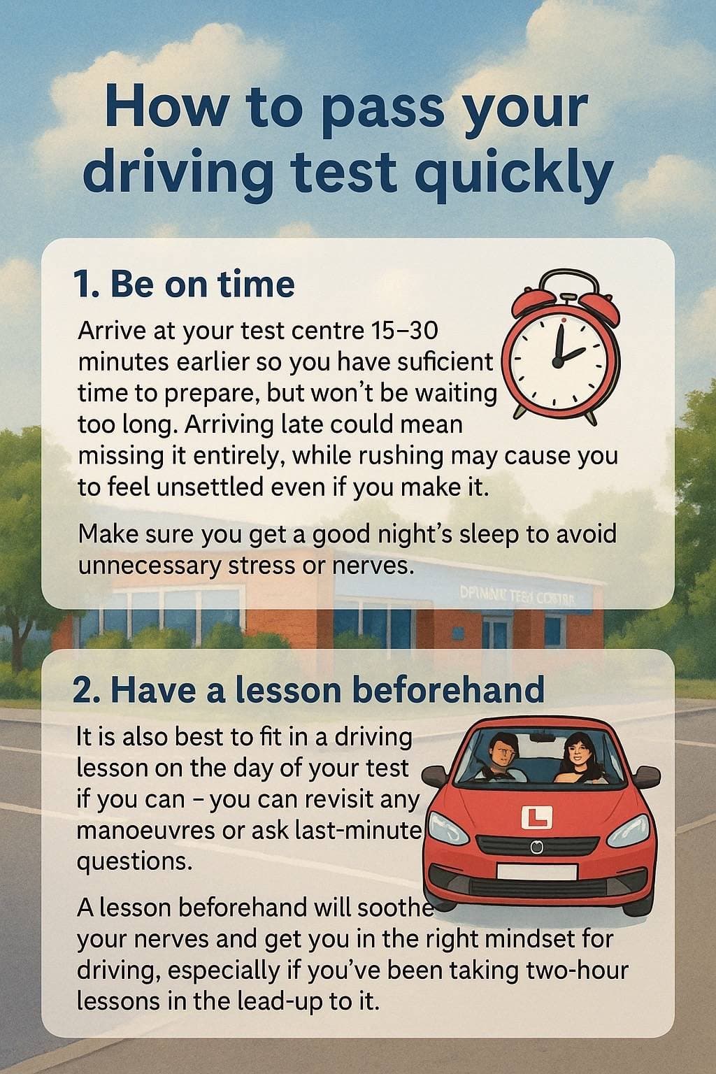 How to pass your
driving test quickly
1. Be on time
Arrive at your test centre …
