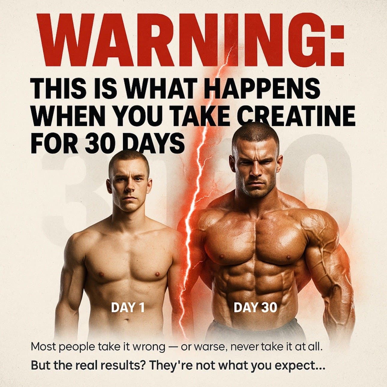 WARNING:
THIS IS WHAT HAPPENS
WHEN YOU TAKE CREATINE
FOR 30 DAYS
DAY 1 DAY 30
Mo…