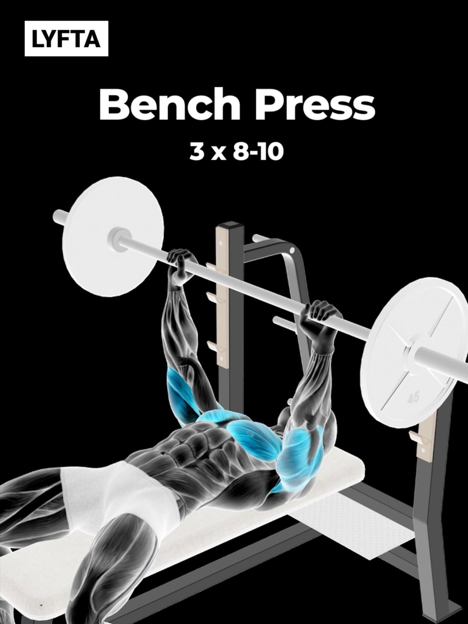 Bench Press
3 x 8-10
Shoulder Press
3 x 10-12
Pec Deck
3 x 15-20
Lateral Rais…